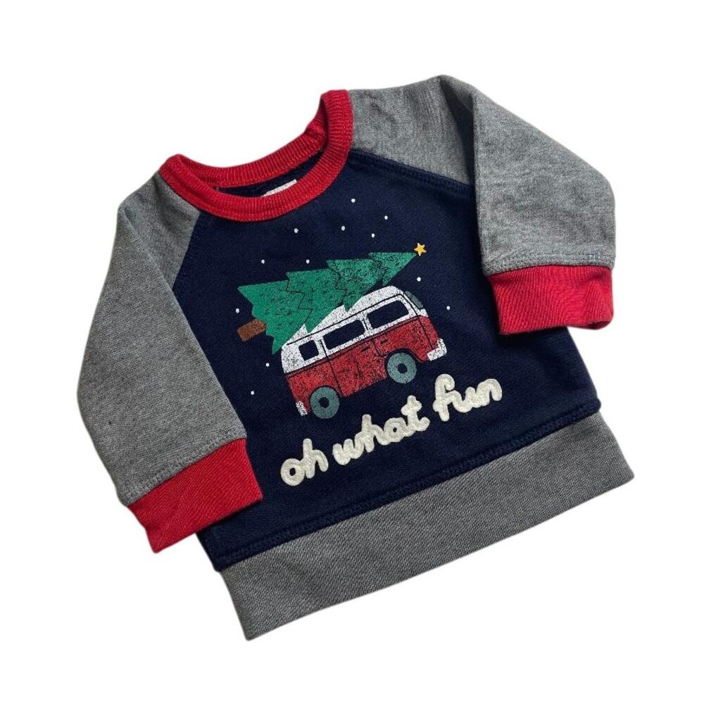 Baby Gap Raglan Crew Neck Sweatshirt Christmas Van Tree "oh what fun" 3-6 Months